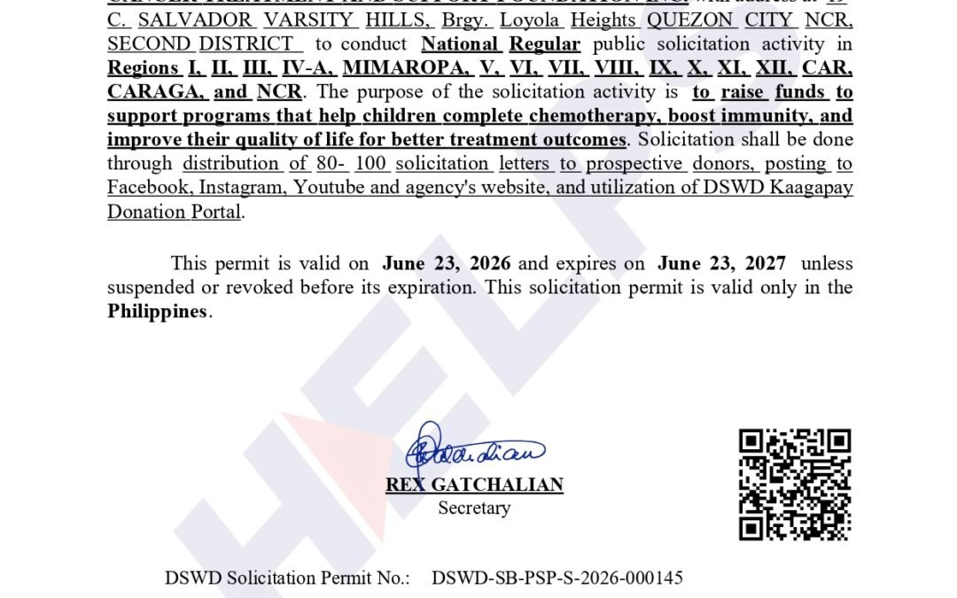 CTSFI is proud to announce the renewal of its DSWD Public Solicitation Permit, valid until June 23, 2027.